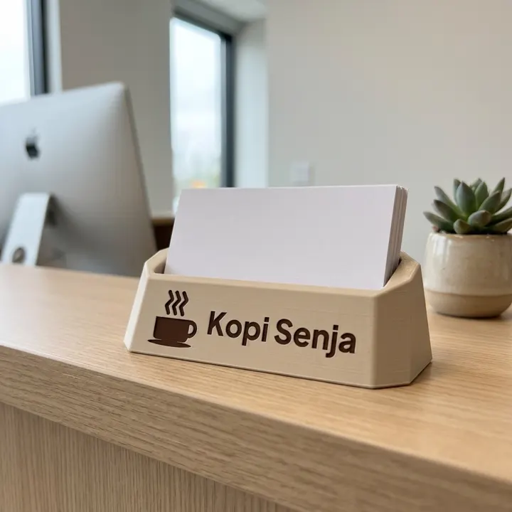 Tempat Kartu Nama Faset dipakai di tempat usaha (ilustrasi, merek contoh Kopi Senja)